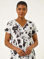 Roman Black Mono Floral Print Pleat Front Blouse - Image 1 of 5
