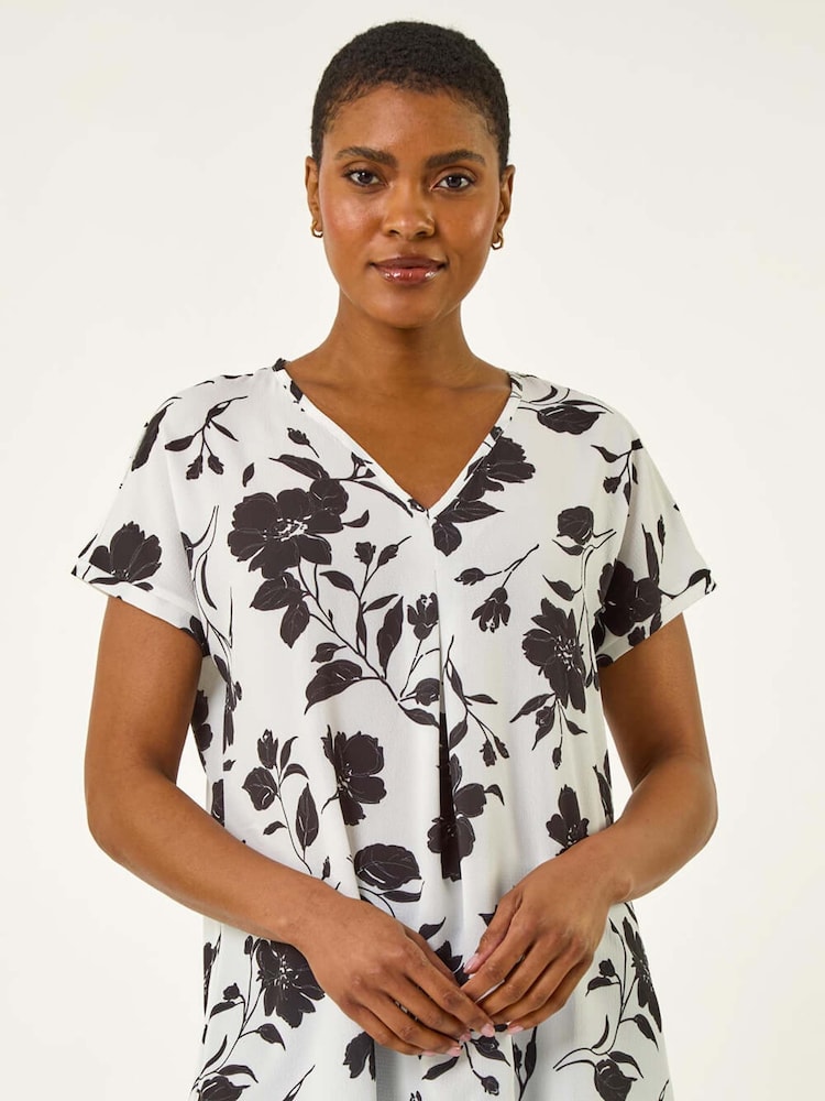 Roman Black Mono Floral Print Pleat Front Blouse - Image 1 of 5
