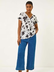 Roman Black Mono Floral Print Pleat Front Blouse - Image 2 of 5