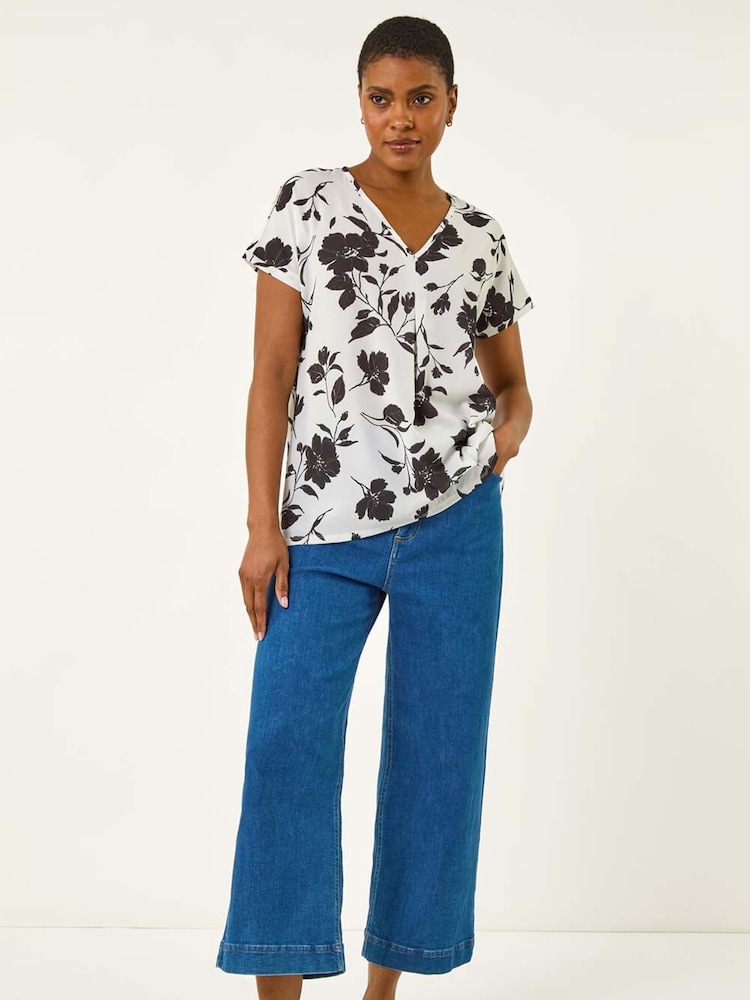 Roman Black Mono Floral Print Pleat Front Blouse - Image 2 of 5