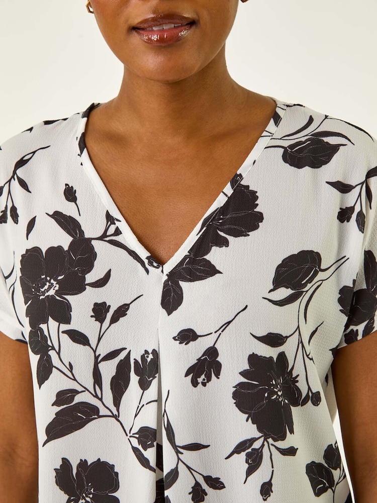 Roman Black Mono Floral Print Pleat Front Blouse - Image 5 of 5