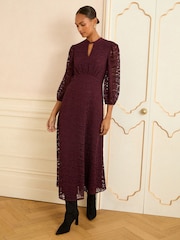 Love & Roses Burgundy Red Petite Lace High Neck Midi Dress - Image 3 of 5