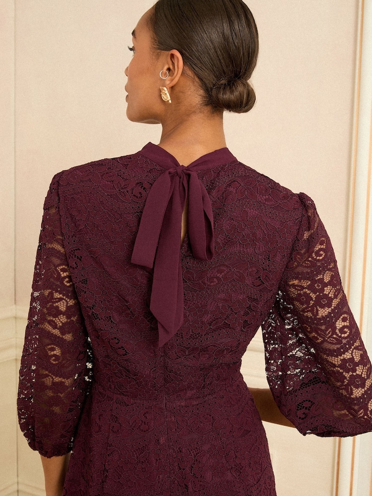 burgundy lace high neck dress BURGUNDY NETA LACE DRESS – FOREN main image 1