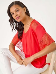 Roman Red Gathered Lace Insert Sleeve Blouse - Image 1 of 5