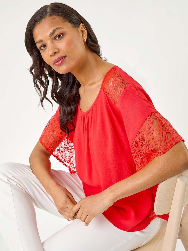 Roman Red Gathered Lace Insert Sleeve Blouse - Image 1 of 5