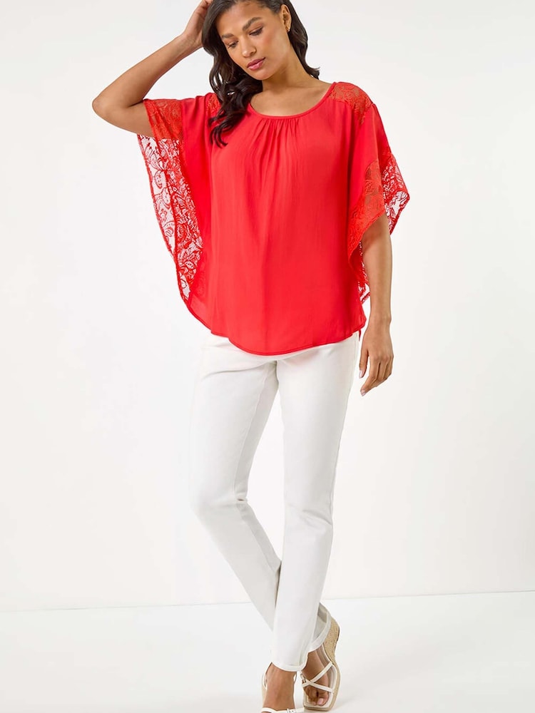 Roman Red Gathered Lace Insert Sleeve Blouse - Image 2 of 5