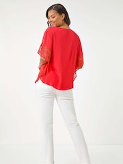 Roman Red Gathered Lace Insert Sleeve Blouse - Image 3 of 5