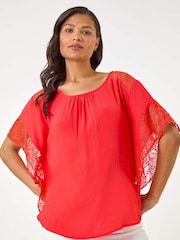 Roman Red Gathered Lace Insert Sleeve Blouse - Image 4 of 5