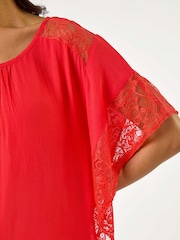 Roman Red Gathered Lace Insert Sleeve Blouse - Image 5 of 5