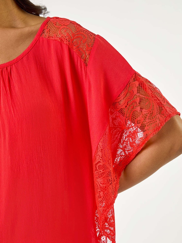 Roman Red Gathered Lace Insert Sleeve Blouse - Image 5 of 5