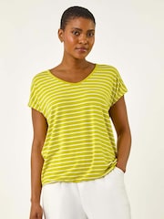Verde - Roman Stripe Print V-Neck Stretch T-Shirt - Imagem 4 de 5