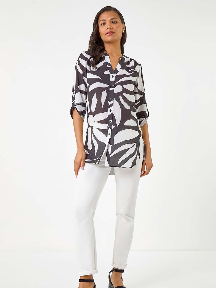Roman Black Mono Print Button Front Blouse - Image 1 of 5