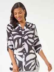 Roman Black Mono Print Button Front Blouse - Image 2 of 5