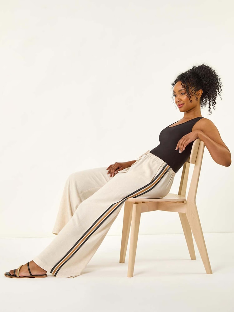 Roman Natural Petite Linen Mix Side Stripe Trousers - Image 1 of 5