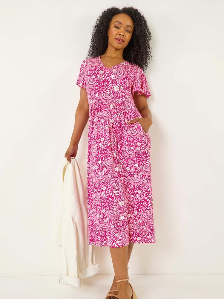 Roman Pink Petite Floral Print Pocket Midi Dress - Image 1 of 5