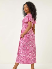 Roman Pink Petite Floral Print Pocket Midi Dress - Image 3 of 5