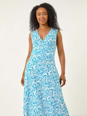 Roman Blue Petite Abstract Print Wrap Midi Dress - Image 2 of 5