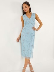 Roman Blue Petite Embellished V-Neck Midi Dress - Image 1 of 5