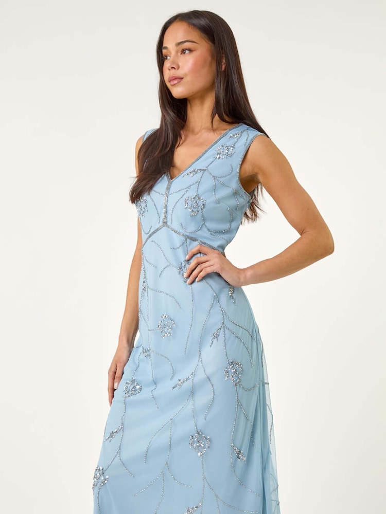 Roman Blue Petite Embellished V-Neck Midi Dress - Image 2 of 5
