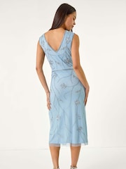 Roman Blue Petite Embellished V-Neck Midi Dress - Image 3 of 5
