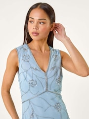 Roman Blue Petite Embellished V-Neck Midi Dress - Image 4 of 5