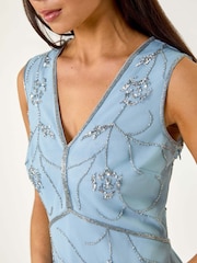 Roman Blue Petite Embellished V-Neck Midi Dress - Image 5 of 5