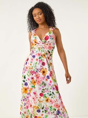 Roman White Petite Floral Print Twist Midi Dress - Image 2 of 5