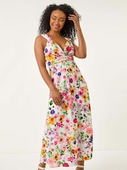 Roman White Petite Floral Print Twist Midi Dress - Image 4 of 5