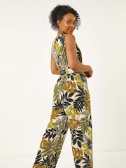 Roman Green Petite Leaf Print Wrap Jumpsuit - Image 3 of 5