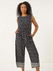 Roman Black Petite Aztec Print Cropped Jumpsuit - Image 1 of 5