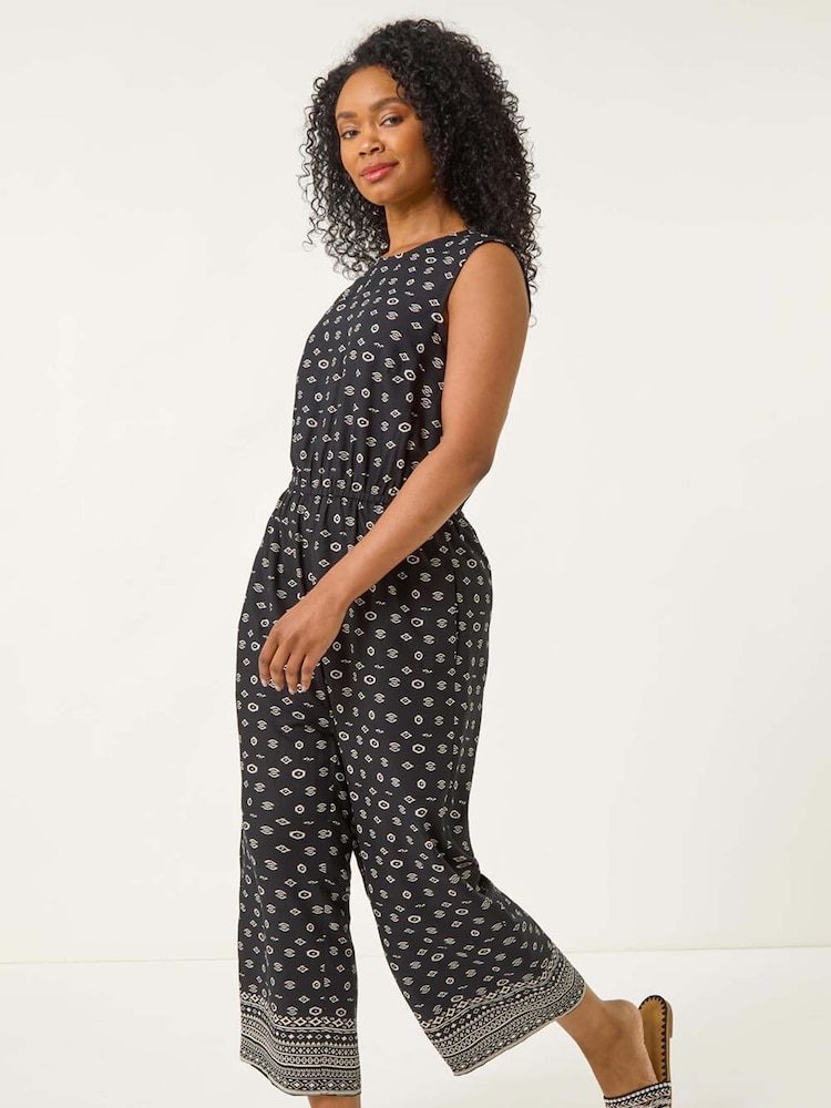 Roman Black Petite Aztec Print Cropped Jumpsuit - Image 2 of 5