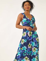Roman Blue Petite Floral Print Twist Stretch Midi Dress - Image 1 of 5