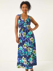 Roman Blue Petite Floral Print Twist Stretch Midi Dress - Image 2 of 5