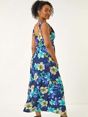 Roman Blue Petite Floral Print Twist Stretch Midi Dress - Image 3 of 5