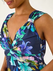 Roman Blue Petite Floral Print Twist Stretch Midi Dress - Image 5 of 5