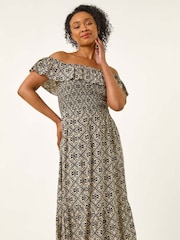 Roman Grey Petite Geo Print Bardot Midi Dress - Image 1 of 5
