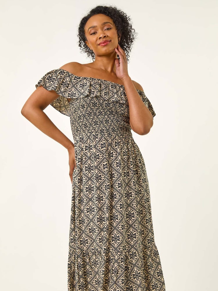 Roman Grey Petite Geo Print Bardot Midi Dress - Image 1 of 5