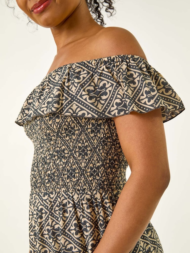 Roman Grey Petite Geo Print Bardot Midi Dress - Image 2 of 5