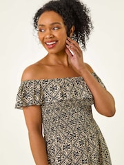 Roman Grey Petite Geo Print Bardot Midi Dress - Image 5 of 5