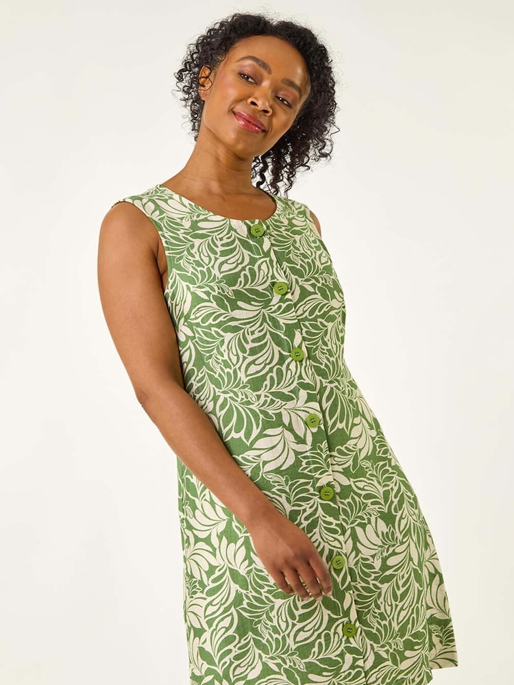 Roman Green Petite Leaf Print Buttoned A-Line Dress - Image 1 of 5