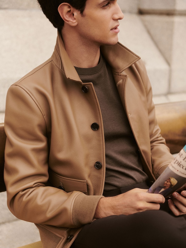 Reiss Tan Brown Brillow Tumbled-Leather Harrington Jacket - Image 1 of 8
