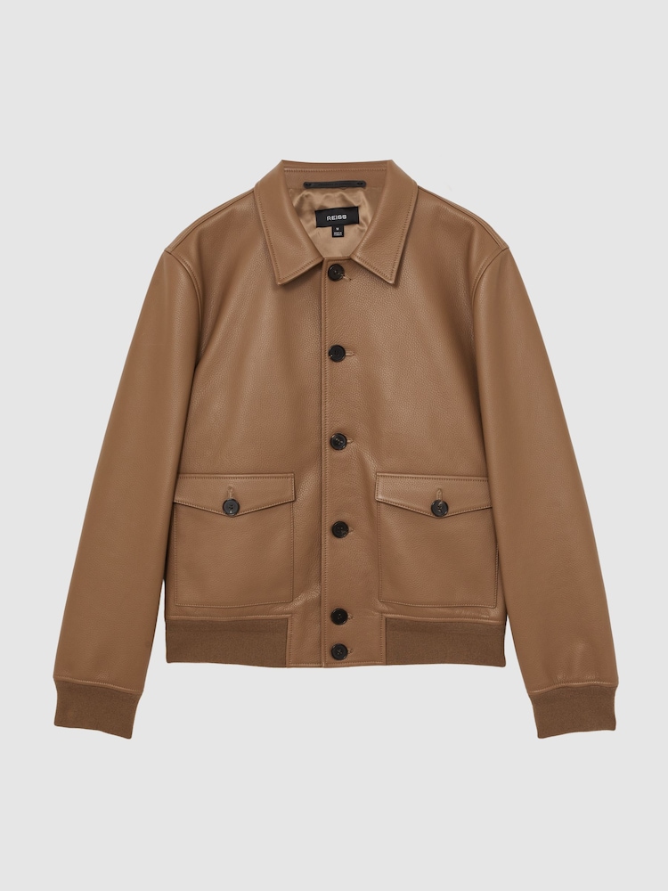 Reiss Tan Brown Brillow Tumbled-Leather Harrington Jacket - Image 2 of 8