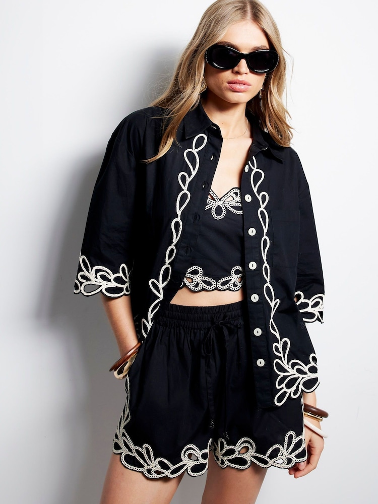 River Island Black Black Boxy Broderie Shirt - Image 1 of 6