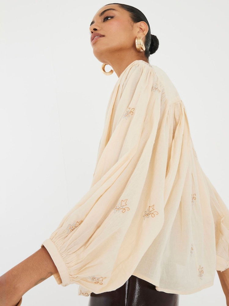 River Island Natural Long Sleeve Embroidered Blouse - Image 2 of 4