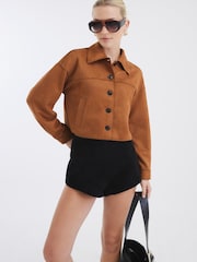 River Island Brown Faux Suede Cropped Overshirt - Image 1 of 4