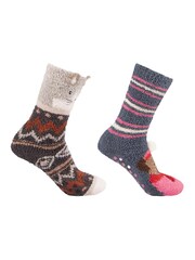 Totes Brown Ladies Bundle Novelty Super Soft Slipper Socks 2 Pack - Image 5 of 5