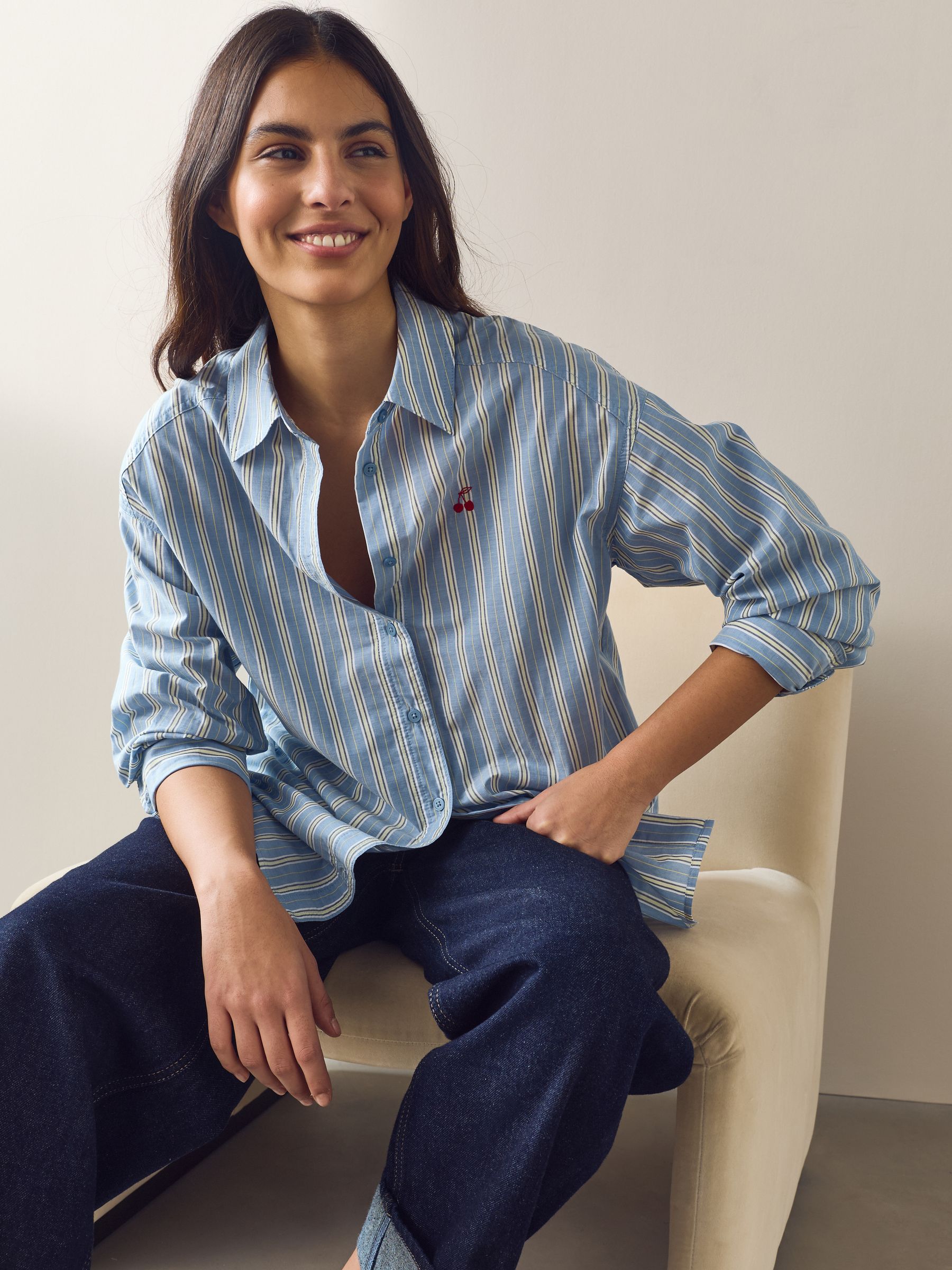 Buy Blue Stripe with Embroidered Cherry Oversized Boyfriend Shirt