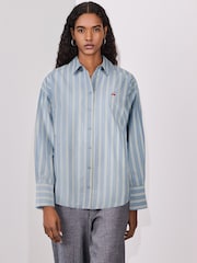 Blue Stripe with Embroidered Cherry Oversized Long Sleeve Shirt - Image 1 of 6