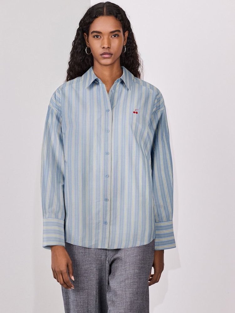 Blue Stripe with Embroidered Cherry Oversized Long Sleeve Shirt - Image 1 of 6