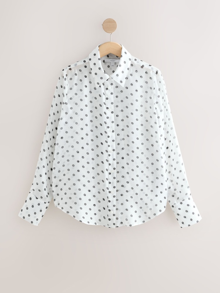 White/Black Polka Dot Sheer Long Sleeve Shirt - Image 1 of 3 White/Black Polka Dot Sheer Long Sleeve Shirt - Image 1 of 3